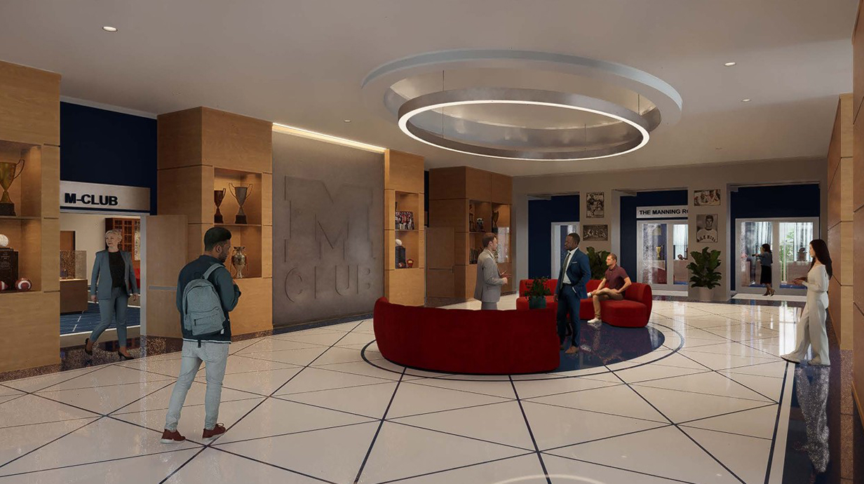 Architectural rendering of a spacious lobby lined with trophy cases and memorabilia.