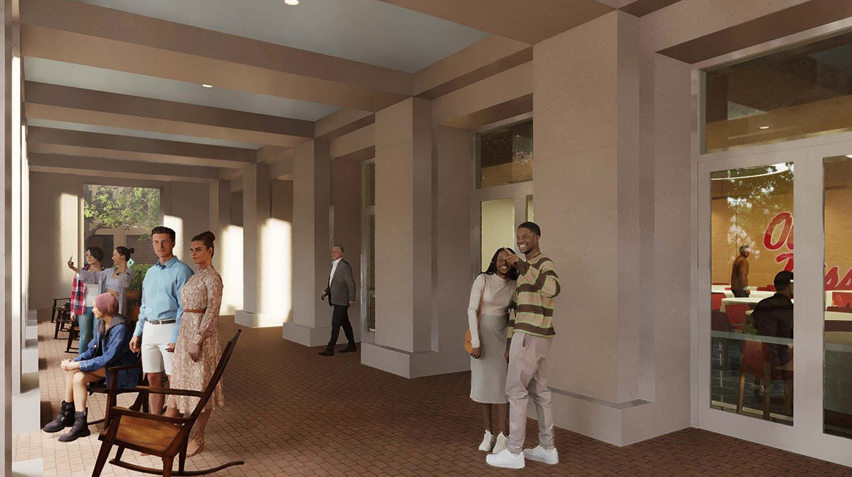 Architectural rendering of people enjoying the view on a wide balcony.