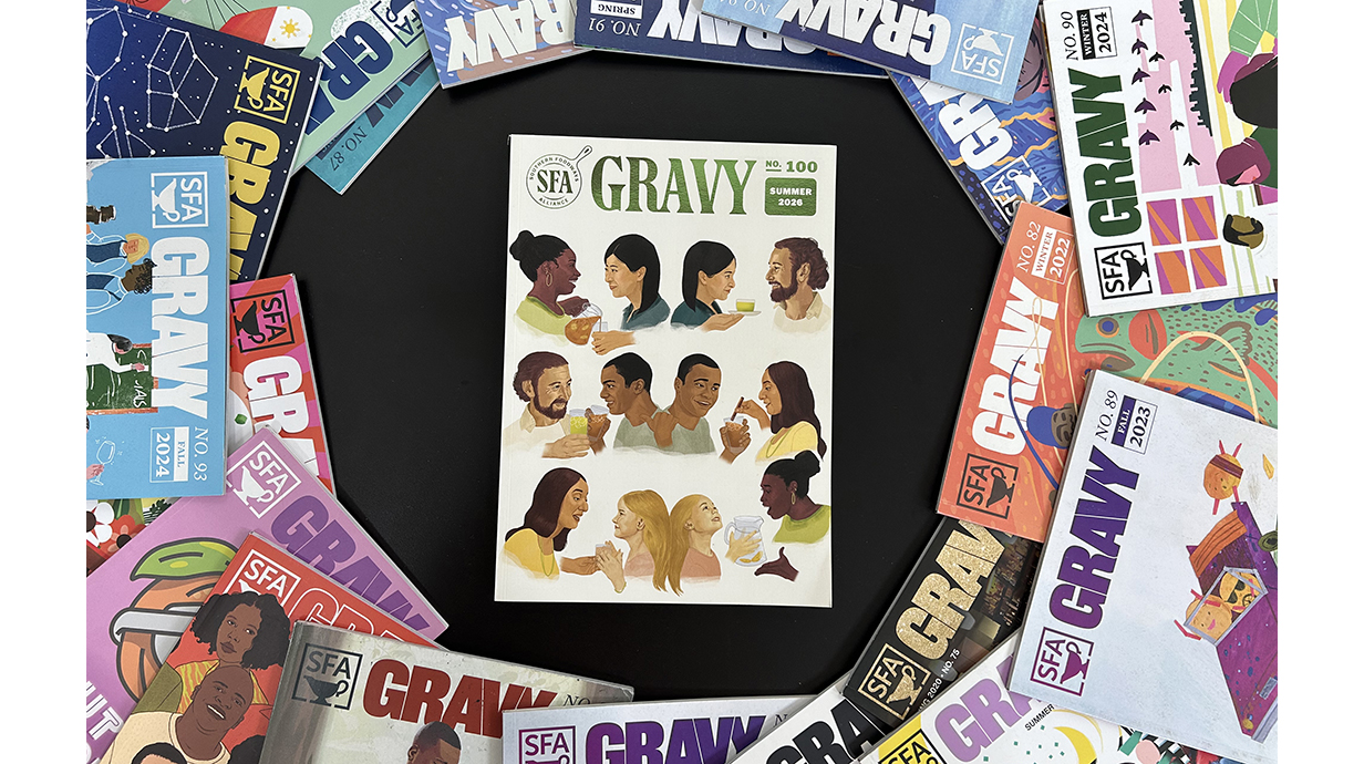 Several issues of a magazine titled Gravy are arranged in a circle around one copy.