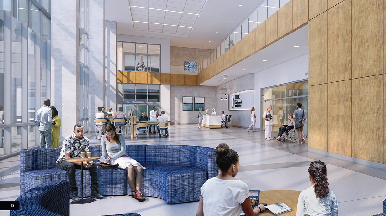 Artist rendering of people sitting in a large lobby with a wall of glass windows.