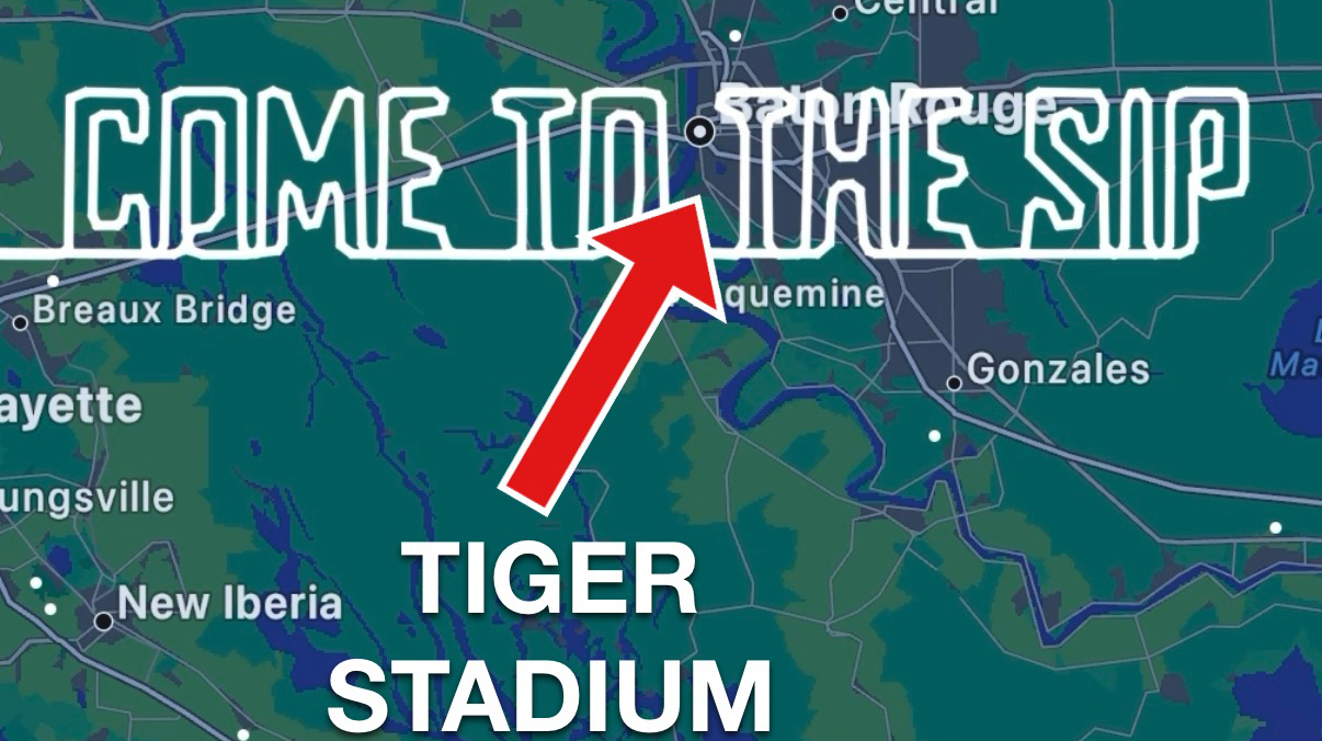 Map of south Louisiana with colored letters superimposed that read 'Come to the SIP.'