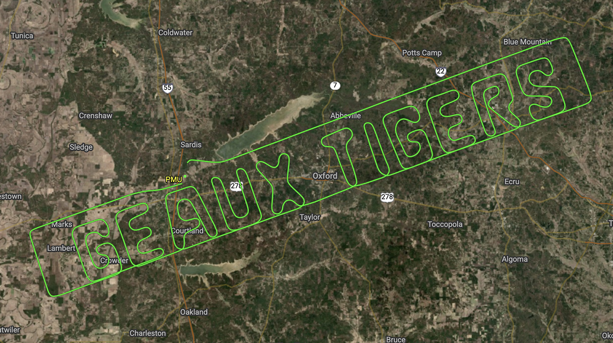 Map of north Mississippi with green letters spelling out 'Geaux Tigers' superimposed on it.