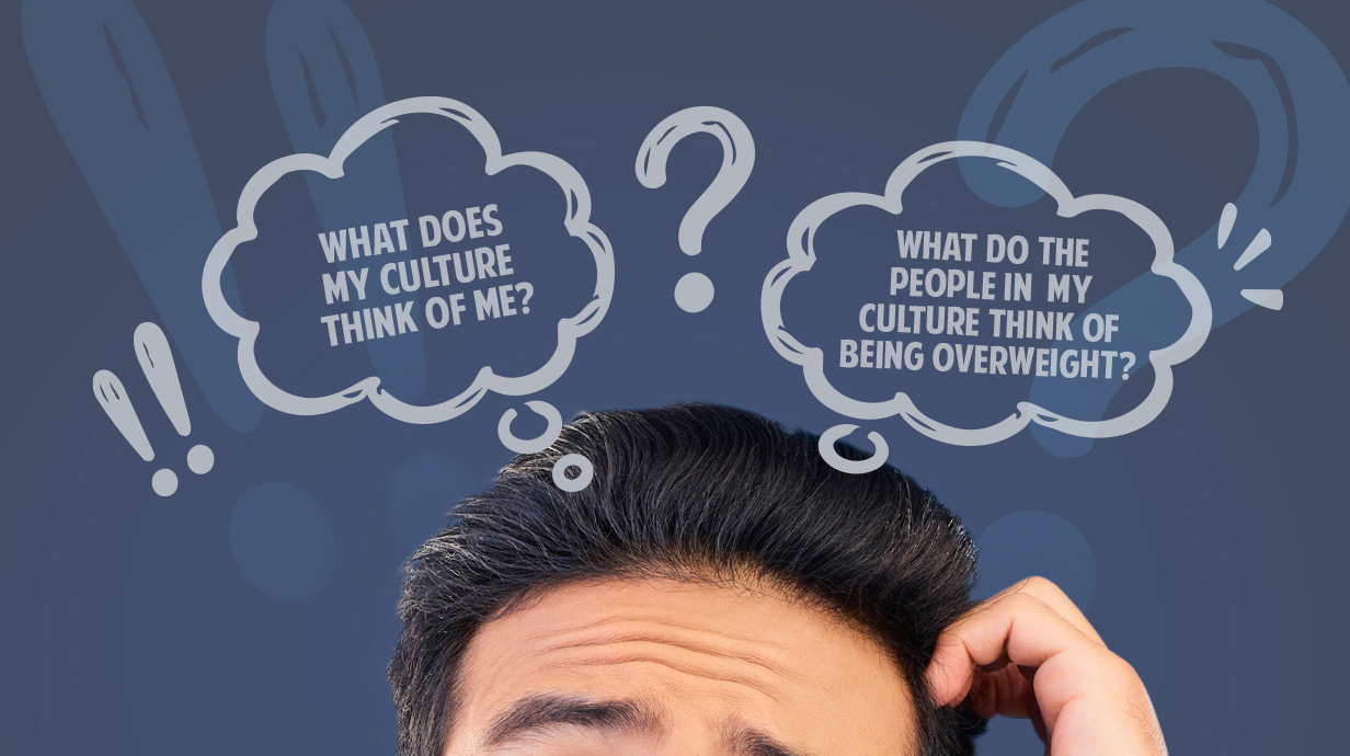 Photo od the top of a man's head with thought bubbles drawn in that read 'What does my culture think of me?' and 'What do the people in my culture think of being overweight?'