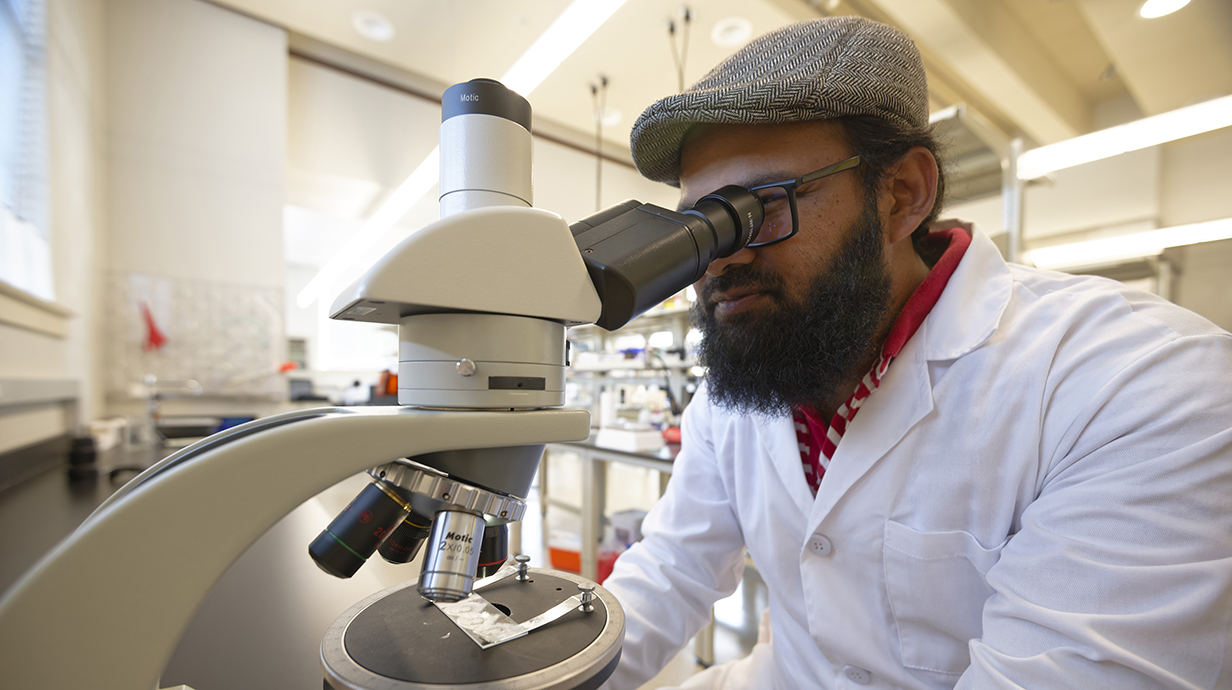A bearded man wearing a lab coat and a flat cap looks into a microscope in a laboratory.