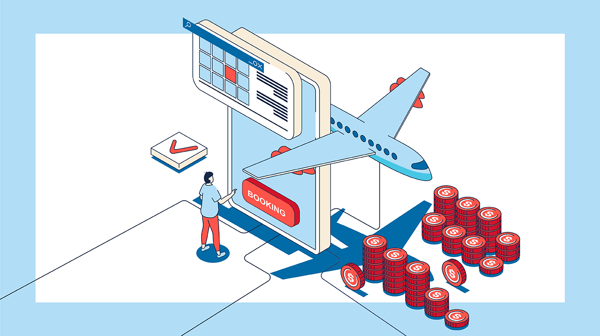 A colorful illustration shows a jetliner, a person looking at flight listings and stacks of coins.