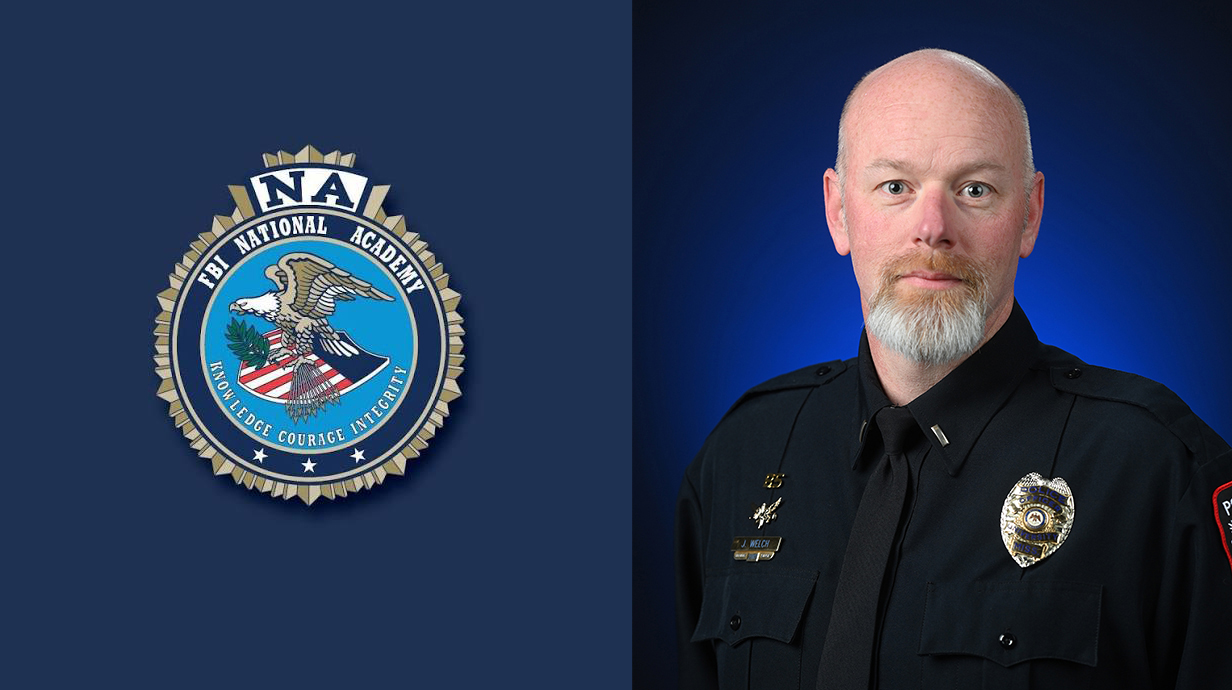Headshot of a man wearing a police uniform, along with a logo for the FBI National Academy.