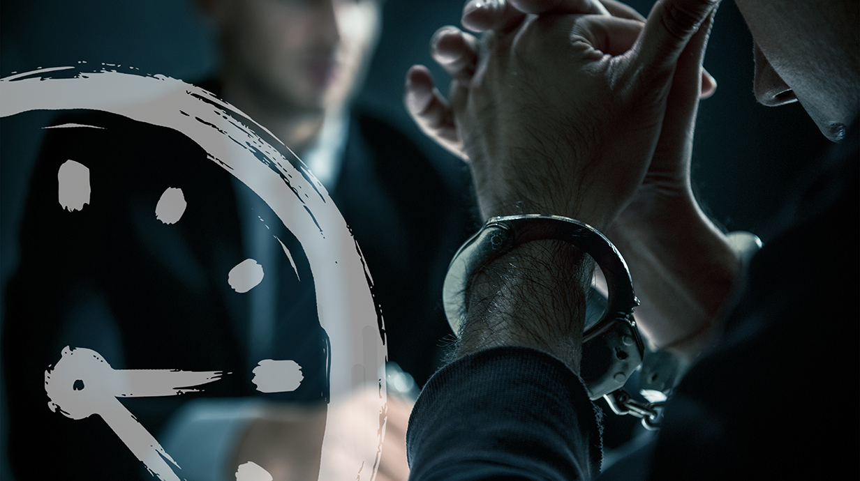 A sketch of a clock is superimposed over a photo of a man wearing handcuffs and resting his head on his hands while another man sits across a table.