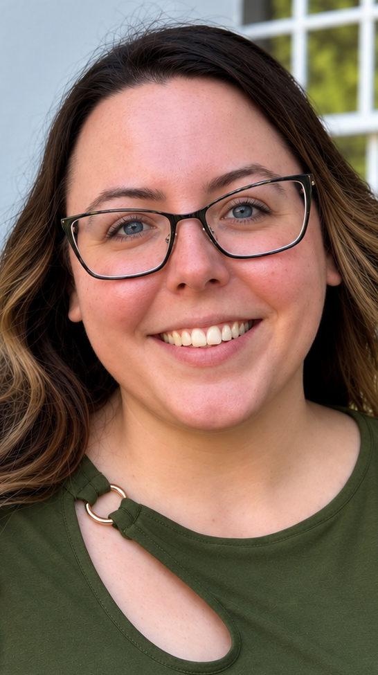 Headshot of a woman wearing glasses and a green blouse with cutouts.