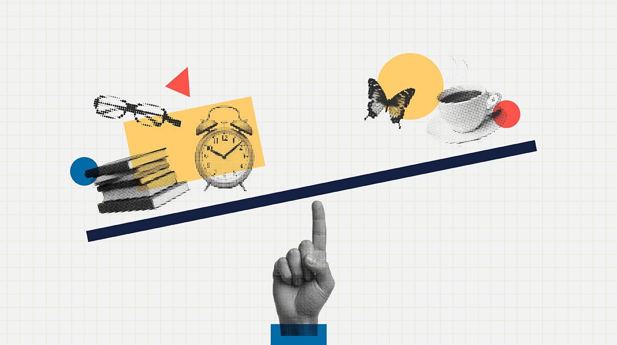 Illustration showing several items, including books, an alarm clock and a coffee mug, arranged along a board with a man's hand underneath balancing the board on his fingertip.