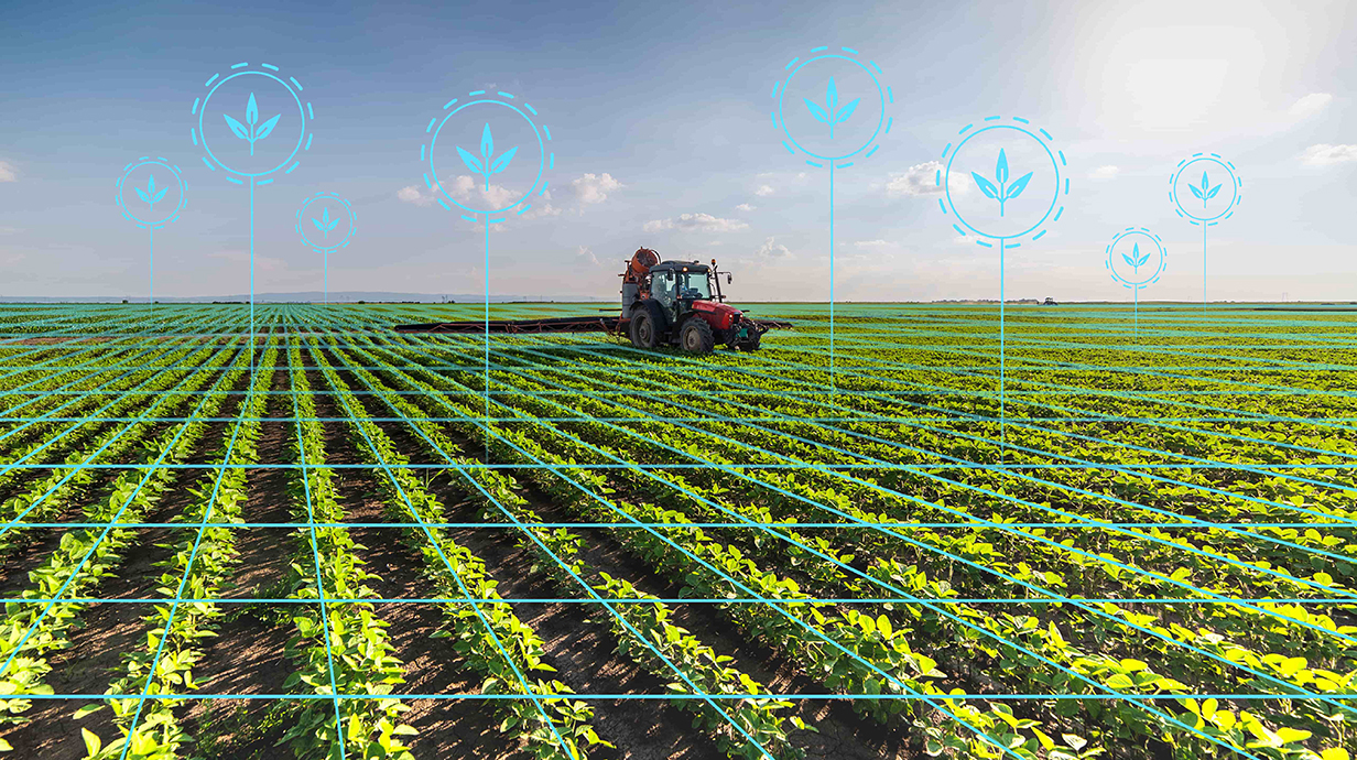 Photo illustration of a cultivator in a field with computer graphics of weeks sprouting up superimposed.