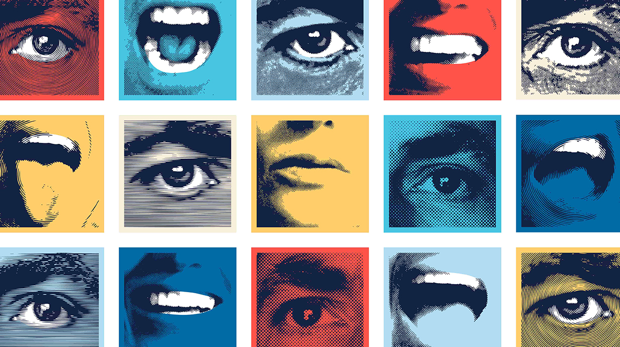 A colorful collage contains several images of human eyes and mouths.