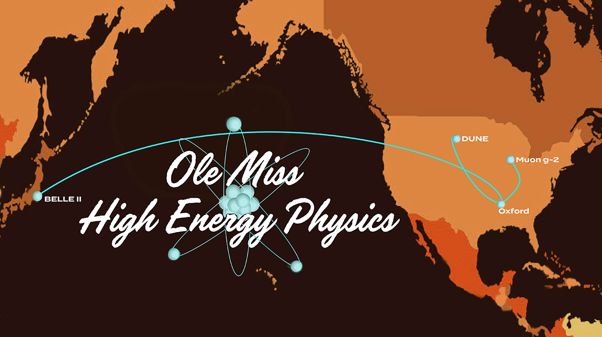 A map includes lines linking Mississippi with Illinois, North Dakota and Japan, and wording reading 'Ole Miss  High Energy Physics' over the Pacific Ocean.