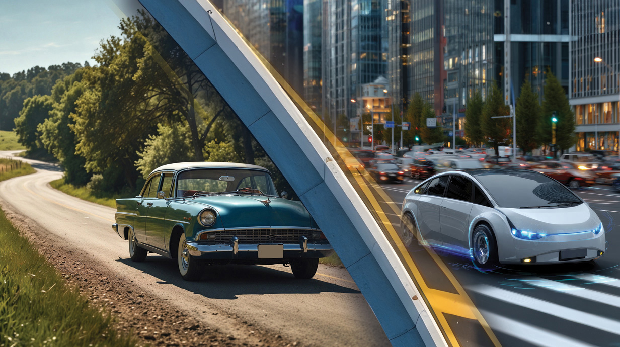 Photo illustration of a 1950s sedan and a modern electric vehicle on the same stretch of road decades apart.