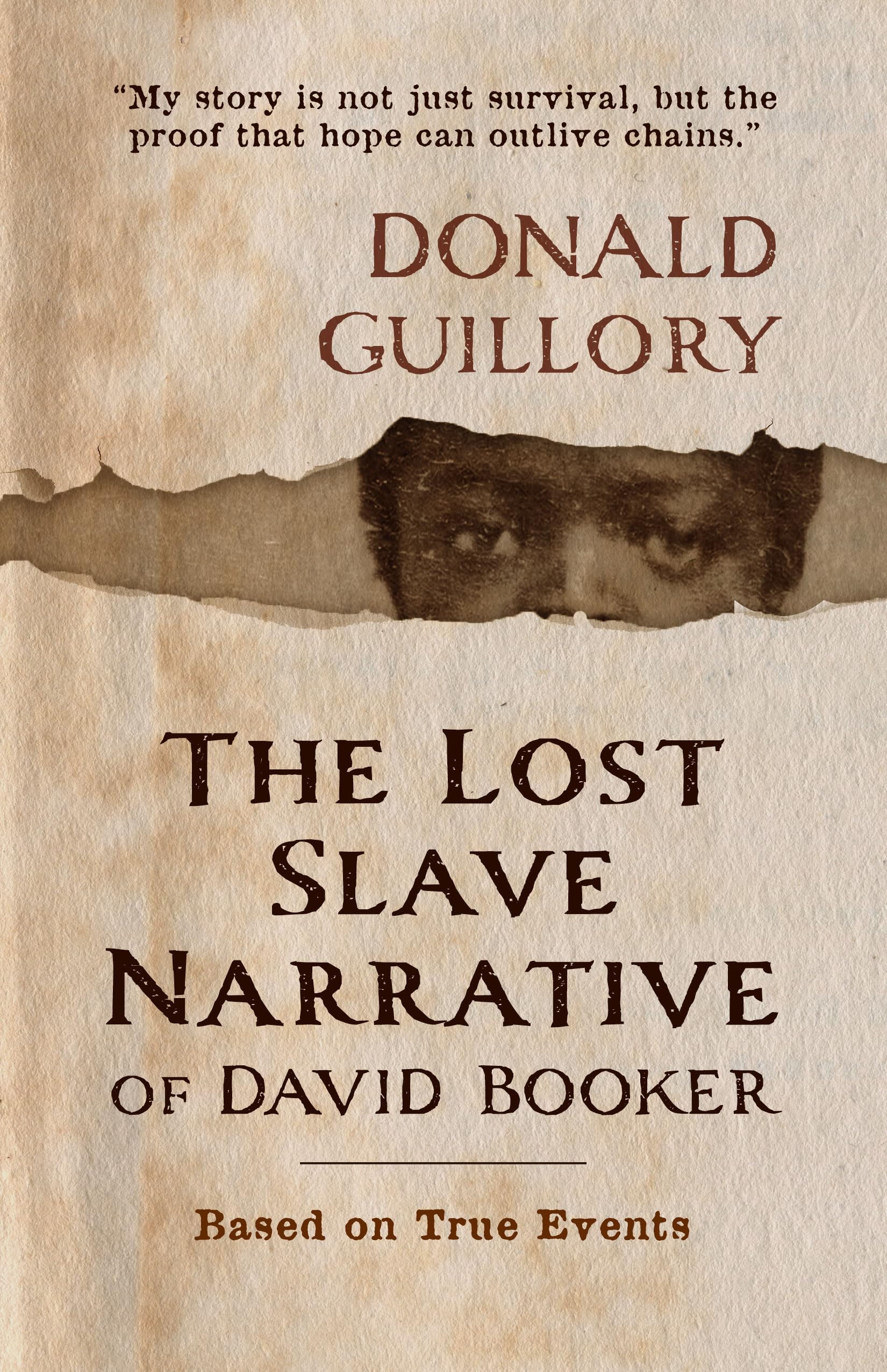 book cover of a man looking through torn sheet