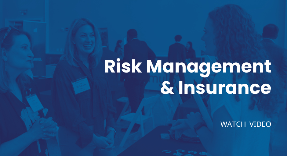 Background photo is of two female employers (left) speaking with a a female student (right) during a RMI career fair. Text overlay says "Risk Management & insurance" and "Watch Video" along with the business school logo.