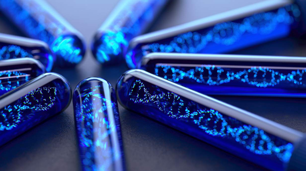 Eight test tubes filled with double helixes in bright blue liquid.
