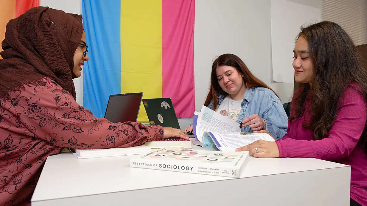 three people sitting at a table looking at books and a computer. Bright colored flag on wall