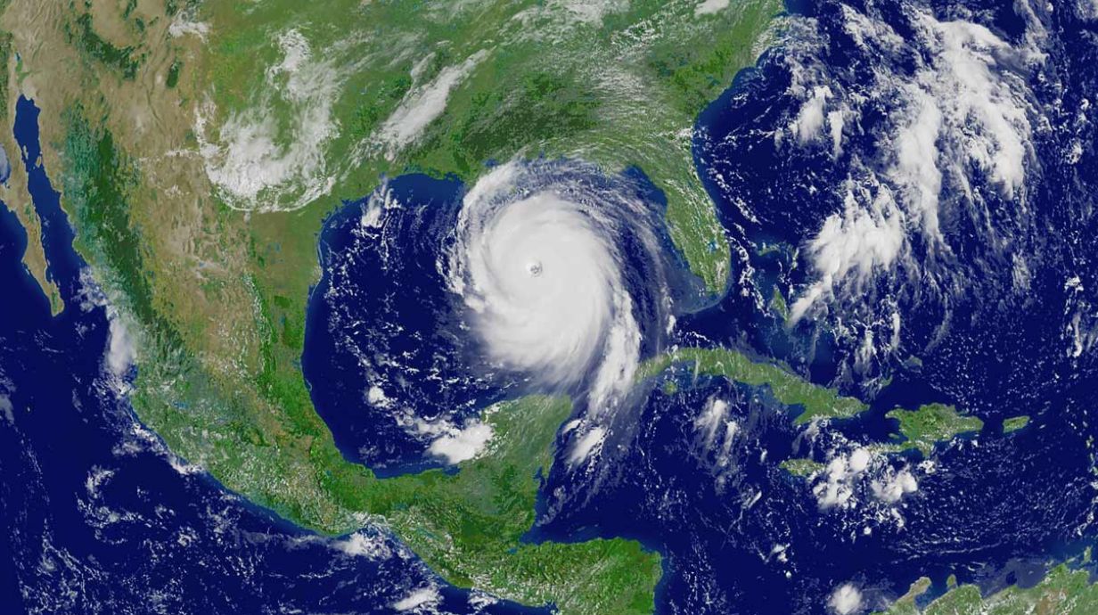 Picture of a hurricane in the Gulf of Mexico pictured from above. 