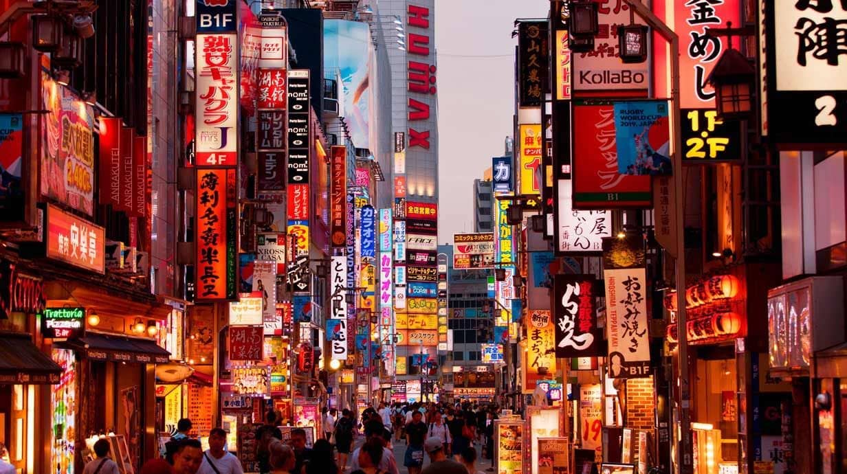 A busy street in Japan at dusk.