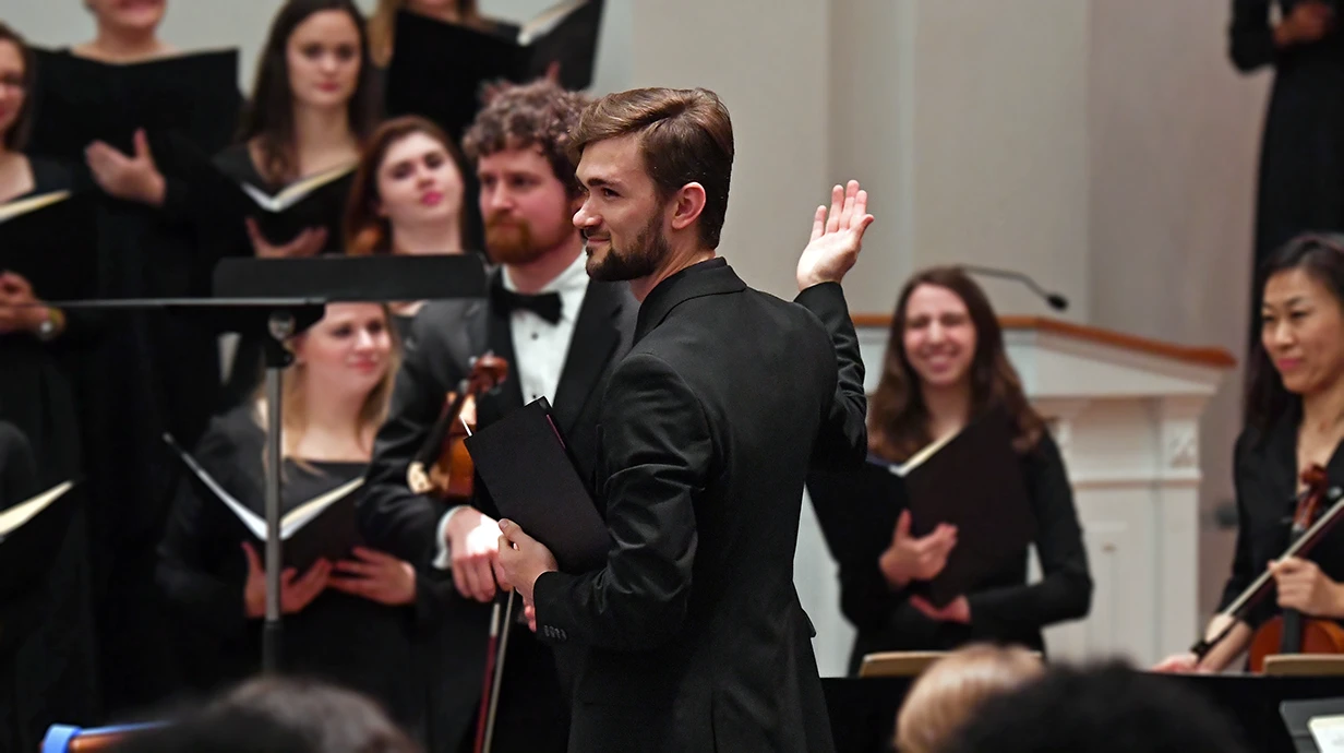 Master of Music student conducts a concert in Paris Yates Chapel