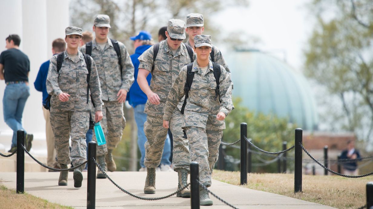 ROTC students walk through campus. 