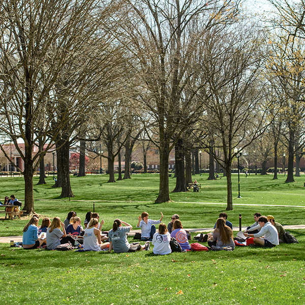 A social science class sits outside in the Grove on a spring day.