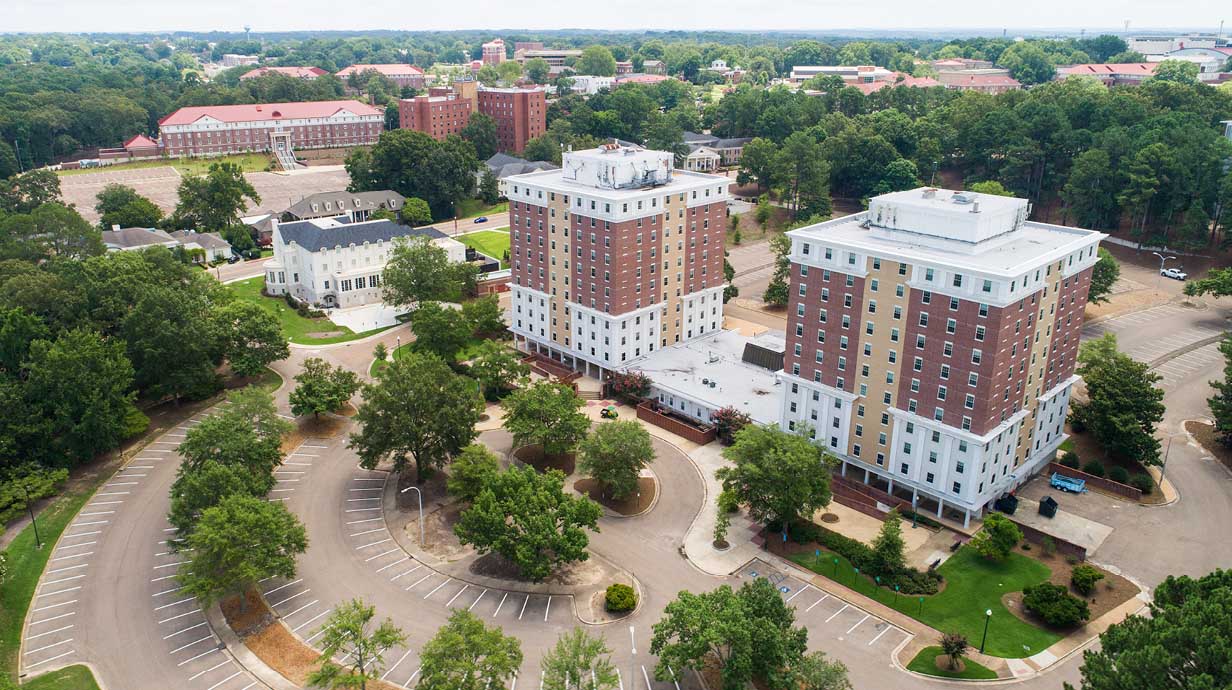An aerial shot of the Stockard, Martin, Crosby dormitories, and the Residential College on the Ole Miss campus.