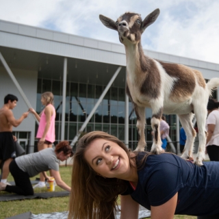 A student participates in "Goat Yoga" in front of the South Campus Recreation Center.