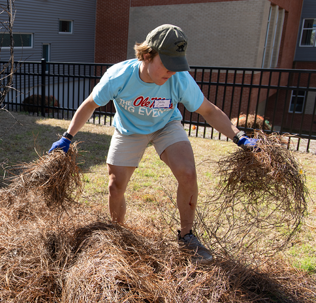 An Ole Miss student performs landscaping work as part of The Big Event.