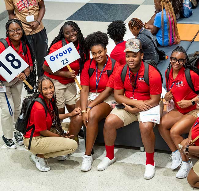 Students and group leaders pose for a group photo in the Ole Miss Student Union during the Mississippi Outreach to Scholastic Talent (MOST) Conference, an educational recruitment conference for prospective African American students from Mississippi.
