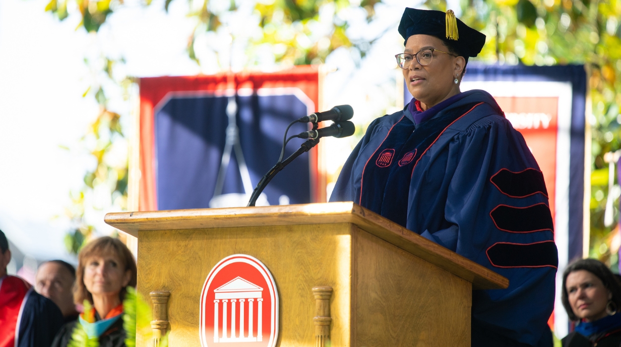 UM alumna Stephanie Hickman, president and CEO of Trice Construction Co., gives the 2023 commencement address.